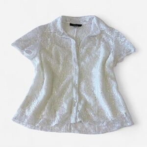 White Lace Short-Sleeve Button Front Top